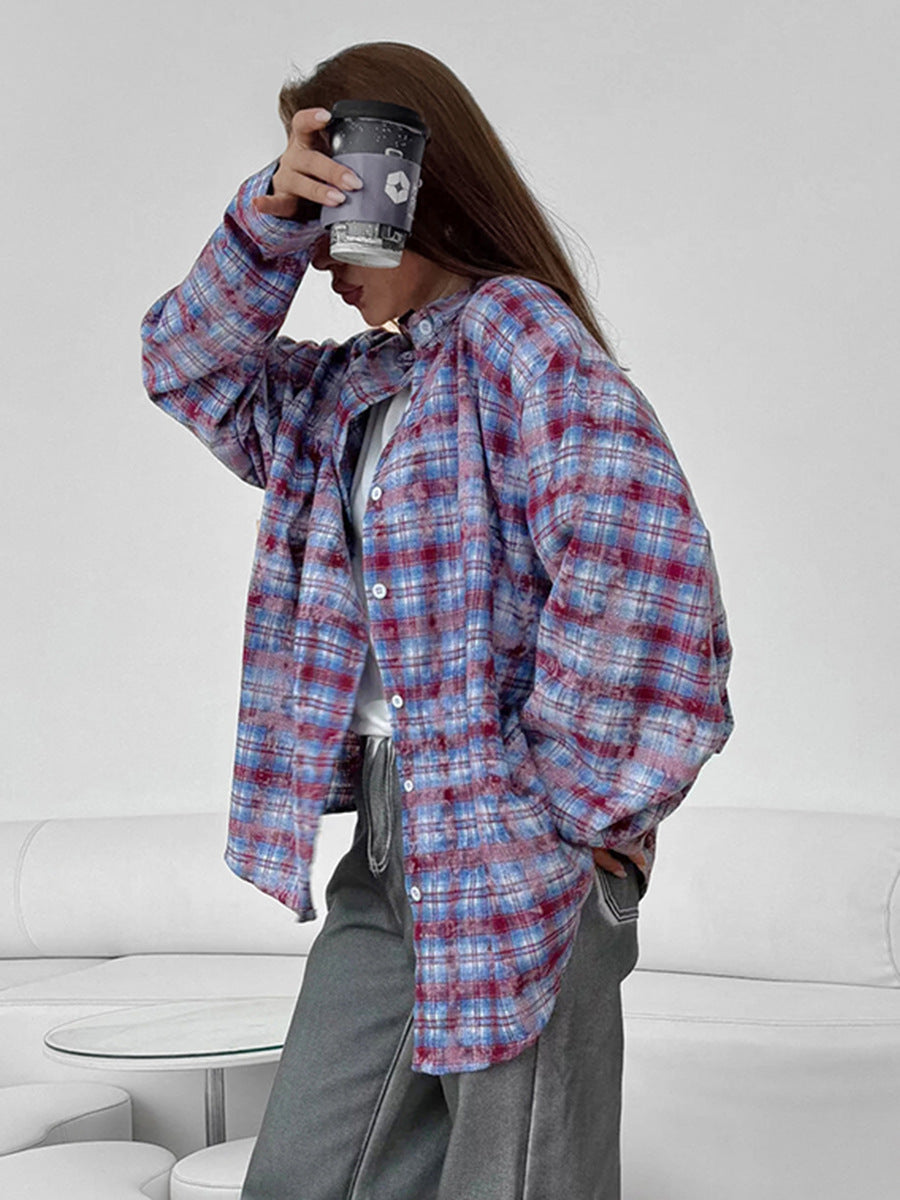 Distressed college style plaid shirt for women spring pure cotton contrast color casual shirt for women
