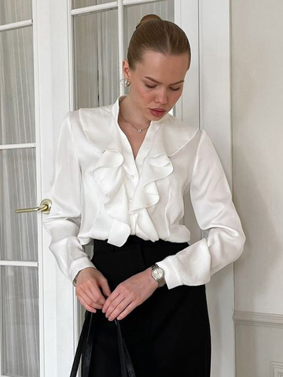 Commuter French black ruffle shirt autumn and winter fashion stand collar satin long sleeve top design women's clothing
