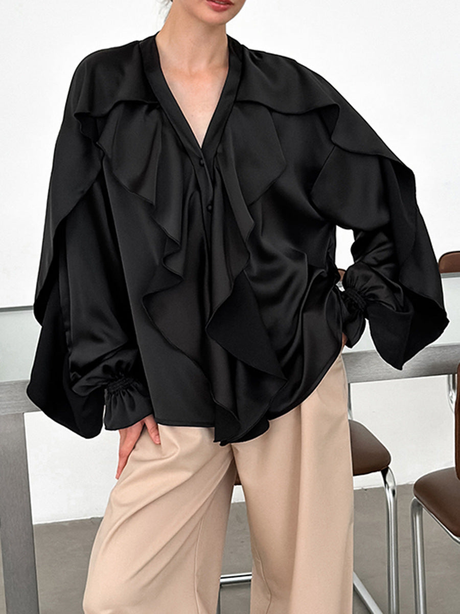 Temperament V-neck puff sleeve shirt for women autumn design splicing satin ruffled top for women