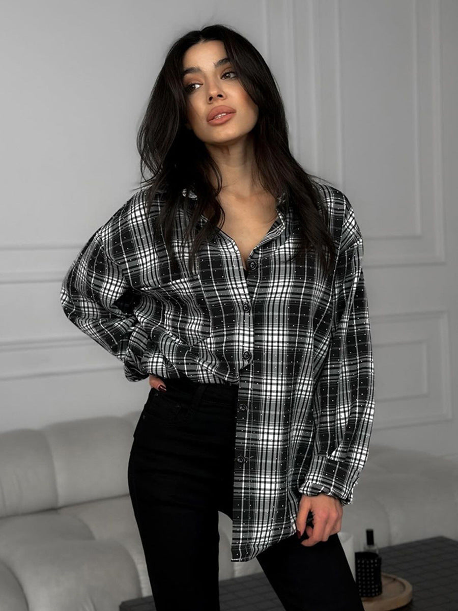 Hot diamond loose plaid shirt women's retro black and white plaid shirt spring street style women's clothing