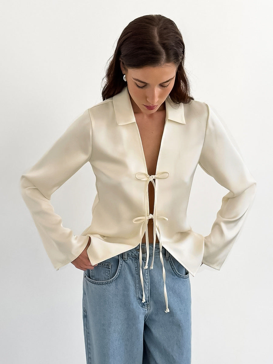 Faux Acetate Satin Lace-Up Shirt Autumn Fashion Loose Apricot Shirt Tops Women's Clothing