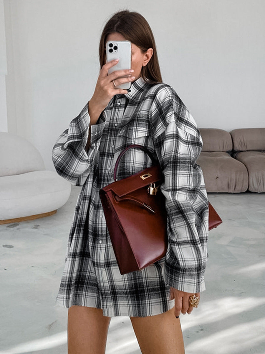 Classic black and white plaid shirt new autumn loose layered sun protection women's shirt