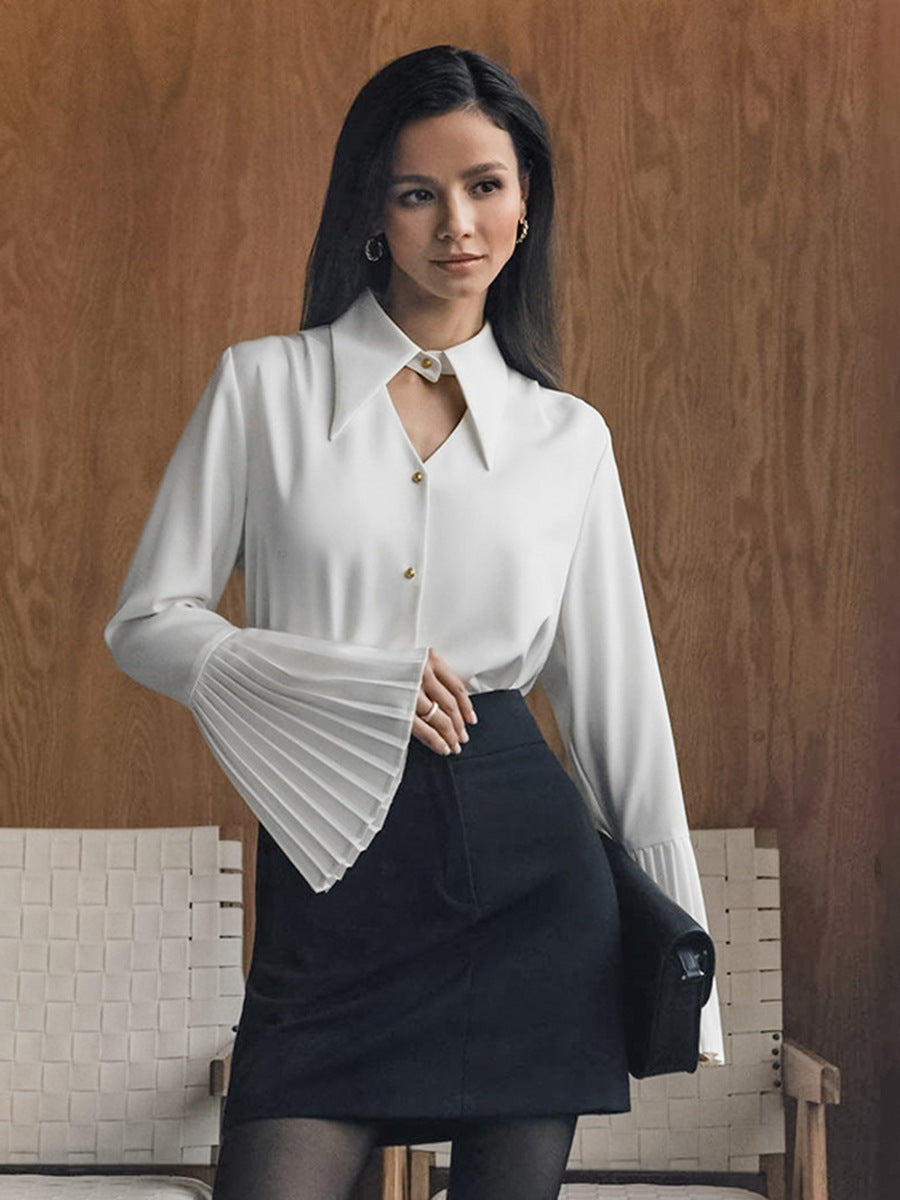 Autumn new commuter chiffon shirt women's French design ruffled long-sleeved lapel white shirt women's clothing