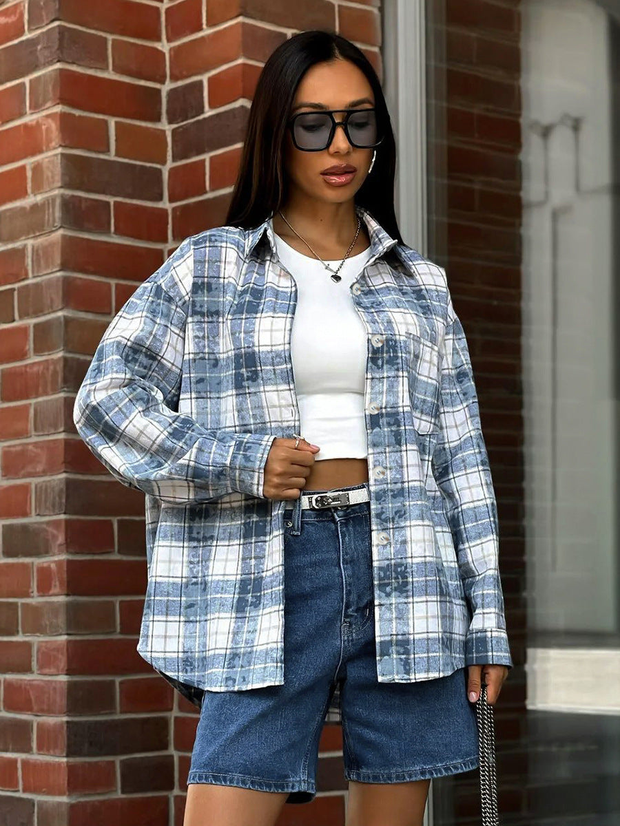Retro washed distressed plaid shirt for women autumn and winter polyester-cotton shirt street style women's clothing
