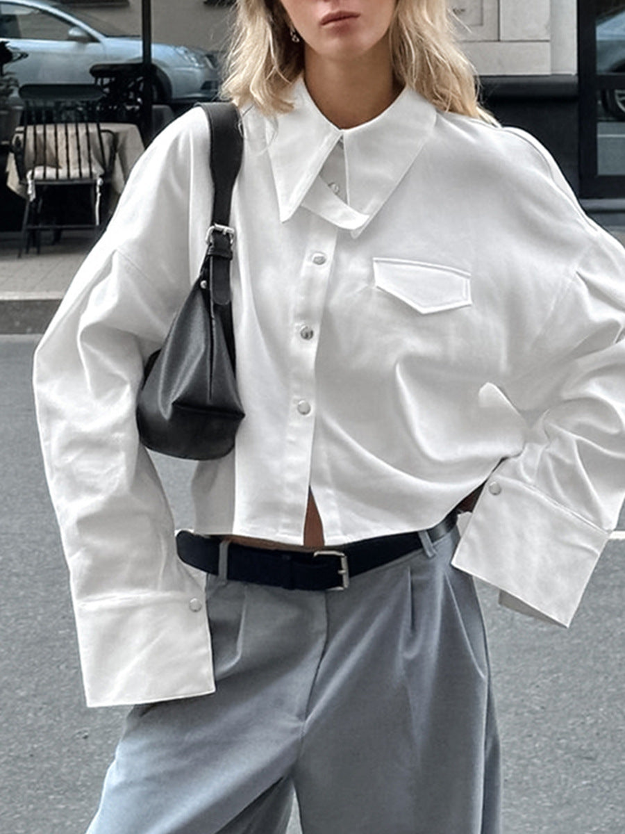 Commuter design white lapel shirt for women autumn fashion outerwear loose cotton tops professional women's clothing