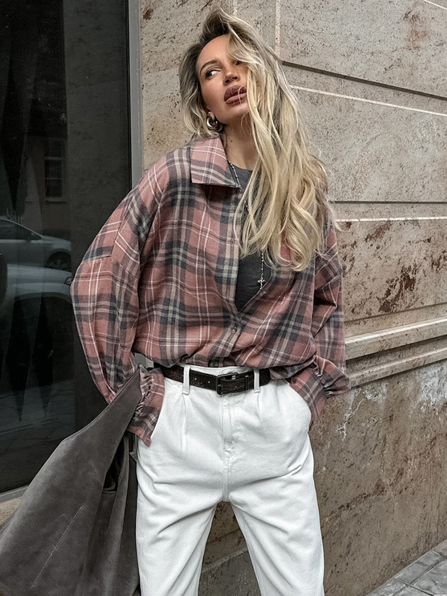 College style pink plaid shirt autumn fashion outerwear cotton women's shirt mid-length women's clothing