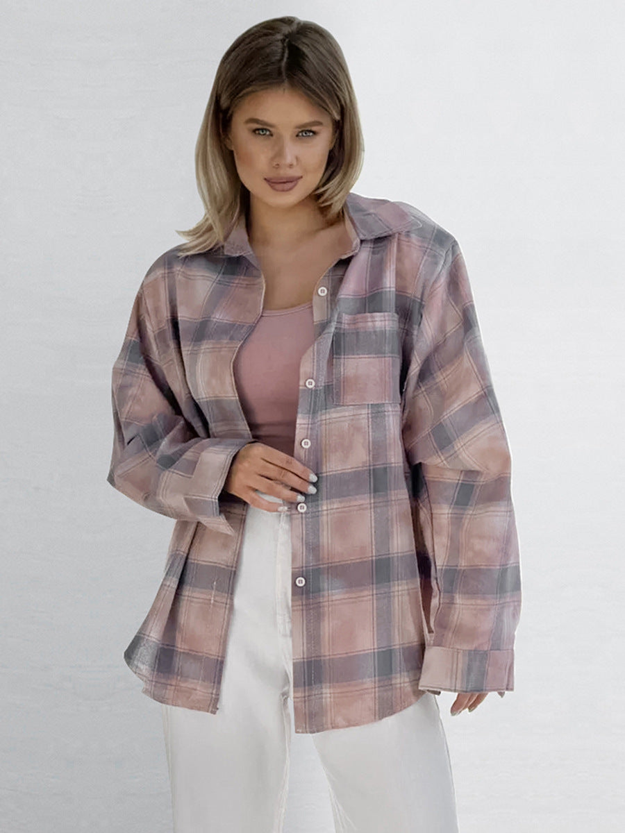 Fashionable old plaid shirt autumn new lazy style medium and long outer wear pure cotton plaid shirt