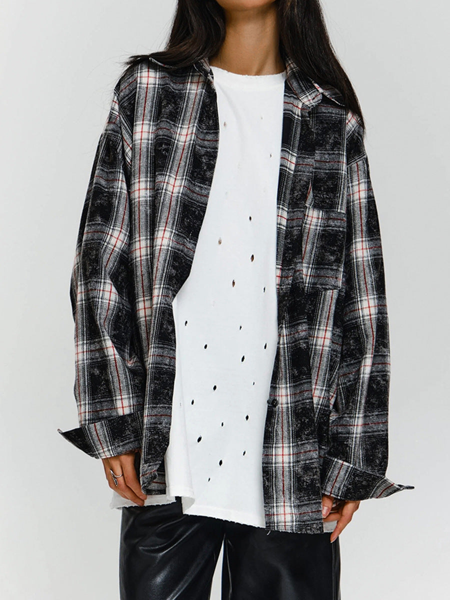 Fashion retro black distressed plaid shirt women's design pure cotton shirt autumn women's clothing