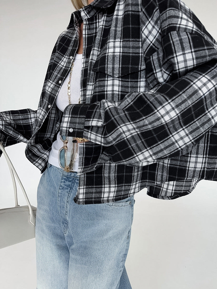 Classic black and white plaid shirt autumn new European and American loose casual outerwear women's shirt women's clothing