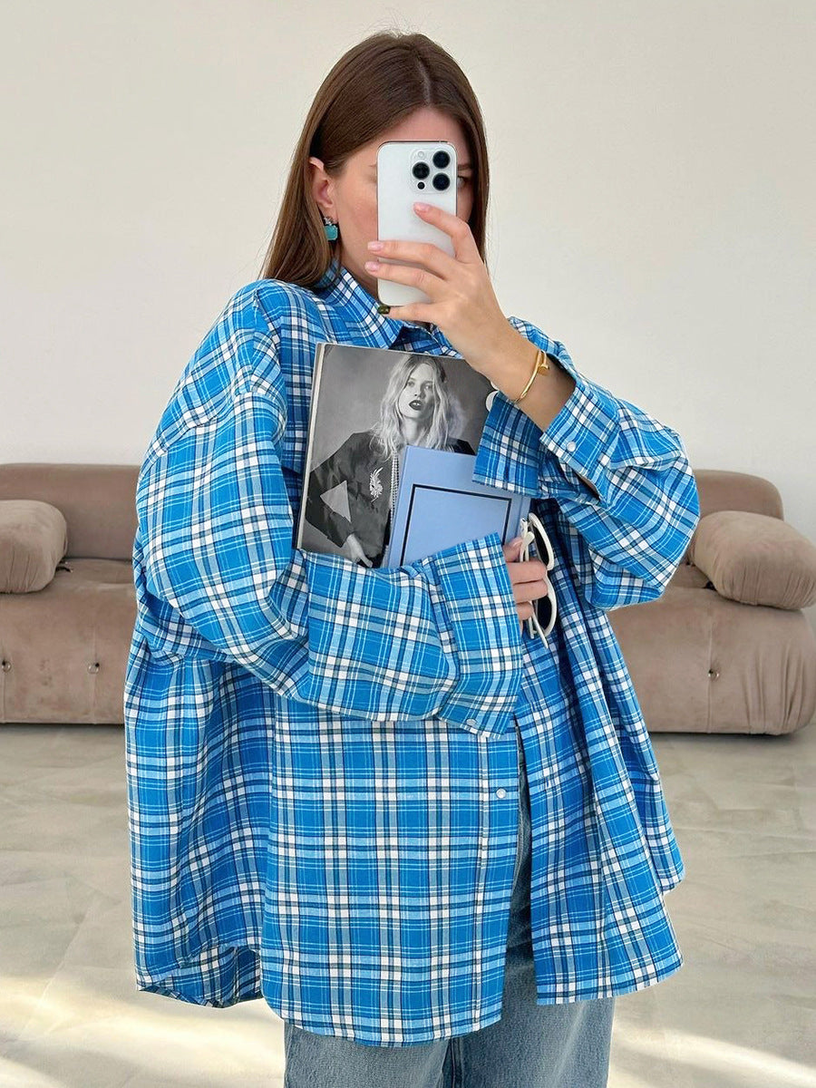 Blue plaid shirt women's design loose shirt autumn new women's clothing