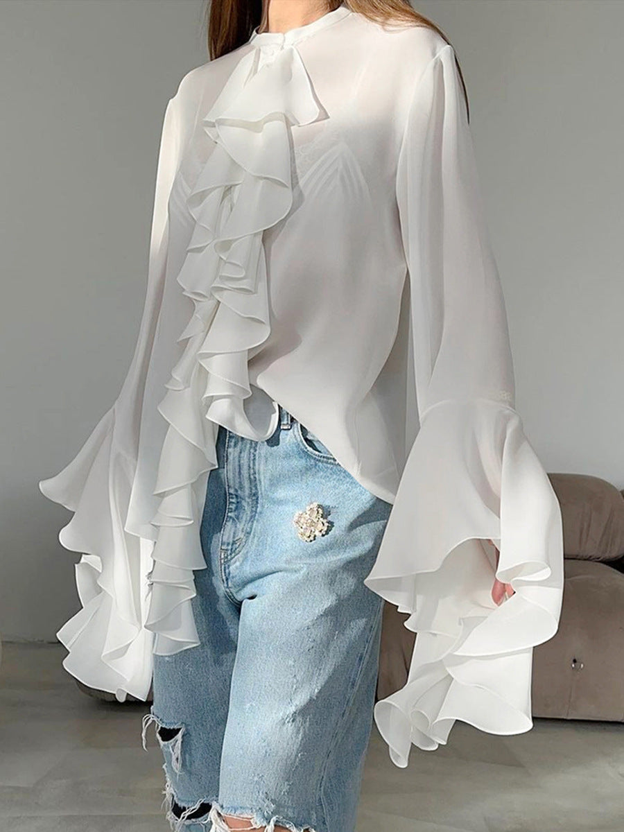 Fashion white loose ruffled shirt female summer palace style lace trumpet sleeve chiffon shirt women's clothing