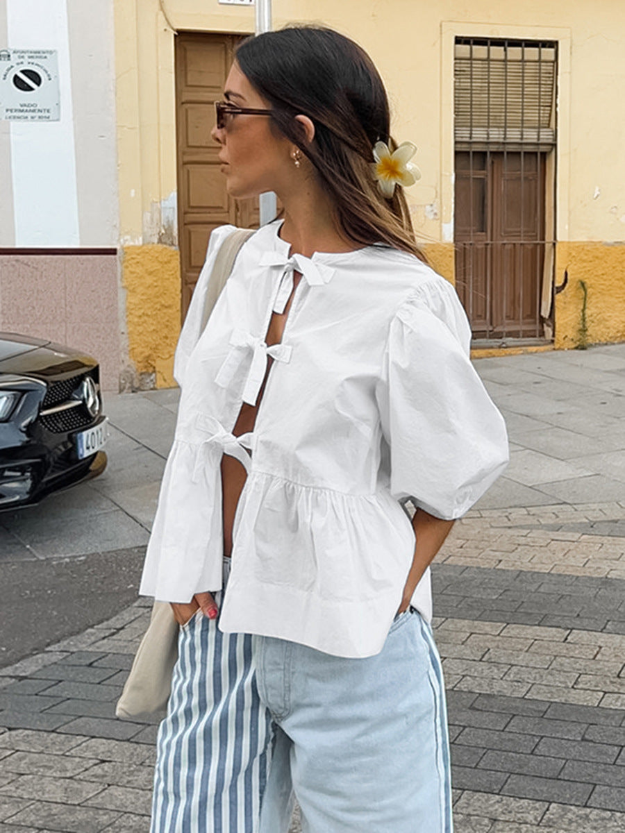 Round Neck Puff Sleeve Shirt Women Summer New Cotton Half Sleeve Lace-up Shirt Loose Cardigan Women's Clothing