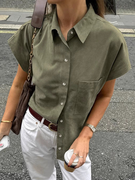 Spring and summer casual loose lapel short-sleeved shirt fashionable green mid-length tops for women