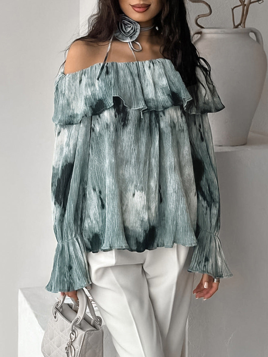 Ink-splashed Chinese style ruffled tops for spring, high-end printing and dyeing, one-shoulder flared sleeve pullover shirt for women
