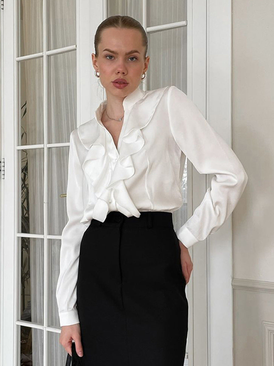 Commuter French black ruffle shirt autumn and winter fashion stand collar satin long sleeve top design women's clothing