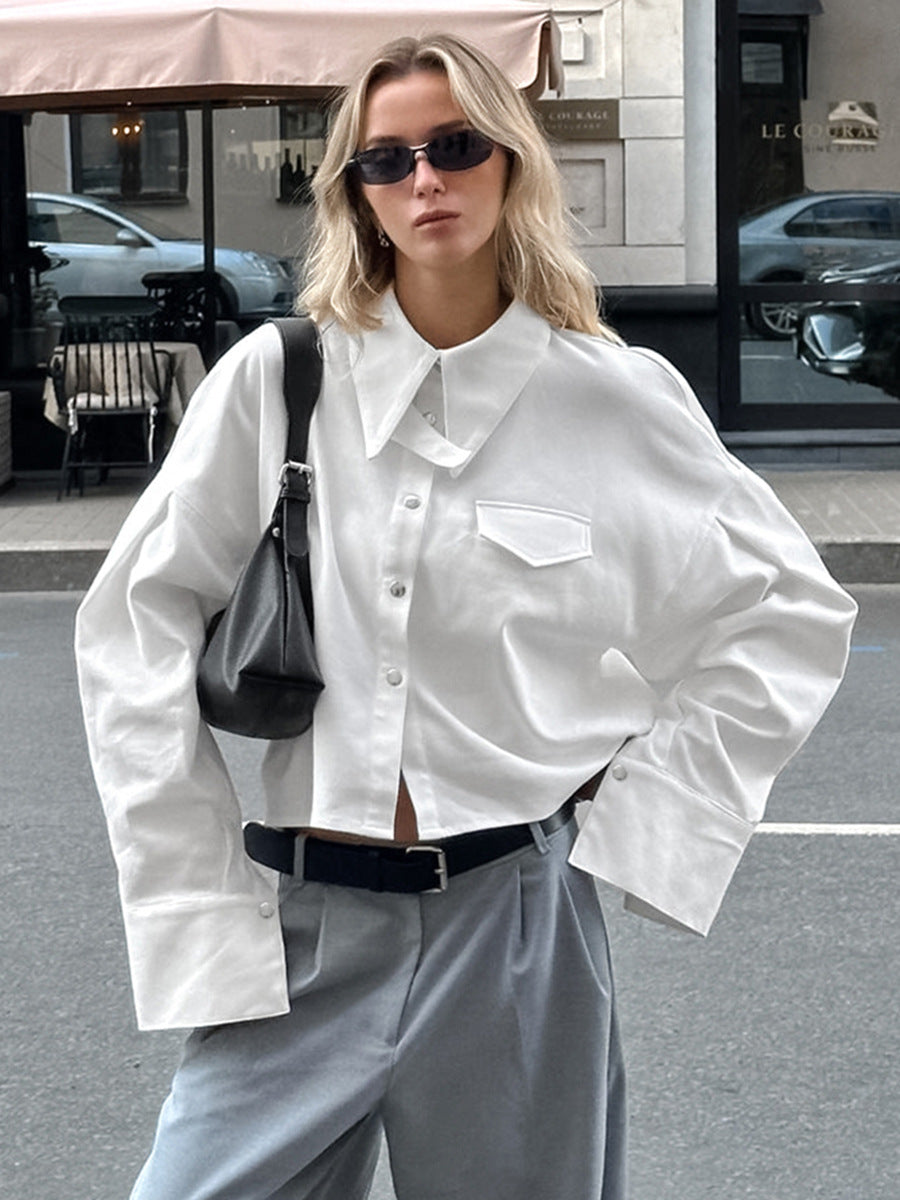 Commuter design white lapel shirt for women autumn fashion outerwear loose cotton tops professional women's clothing