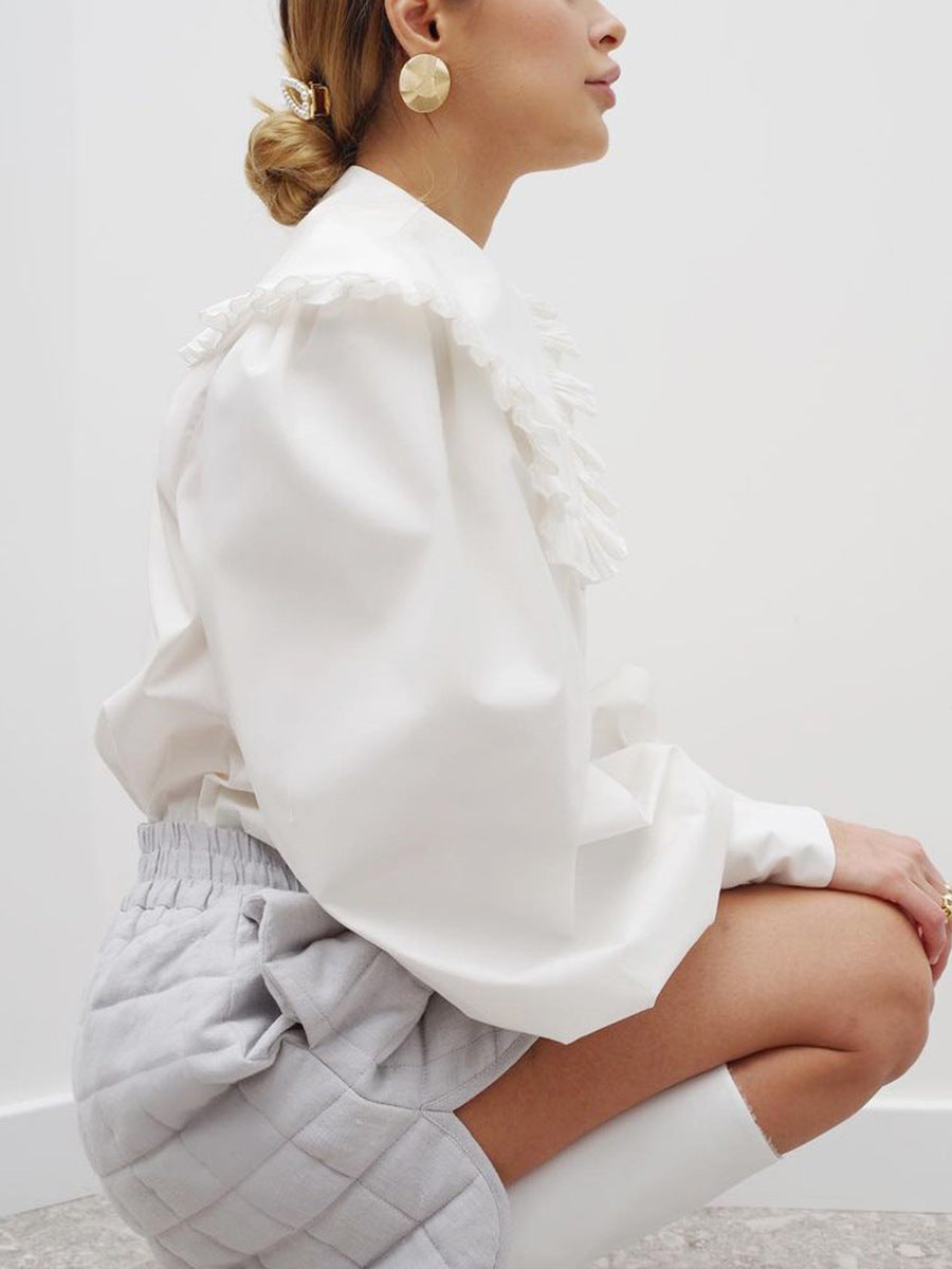 Fashionable sweet white doll collar shirt design loose ladies pure cotton cardigan long-sleeved top