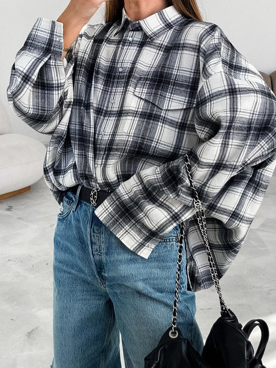 Classic black and white plaid shirt new autumn loose layered sun protection women's shirt
