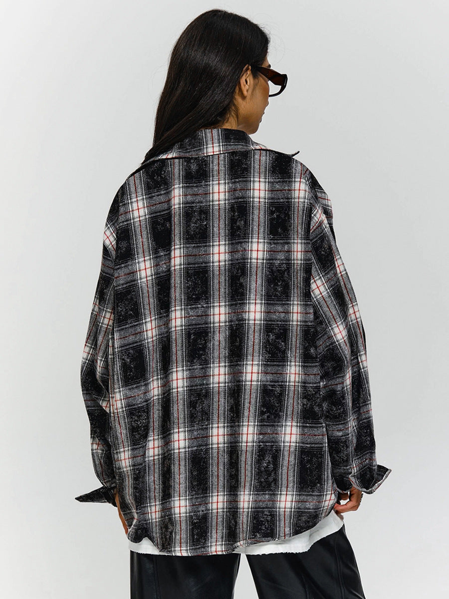 Fashion retro black distressed plaid shirt women's design pure cotton shirt autumn women's clothing
