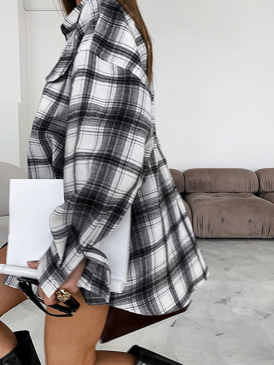 Classic black and white plaid shirt new autumn loose layered sun protection women's shirt