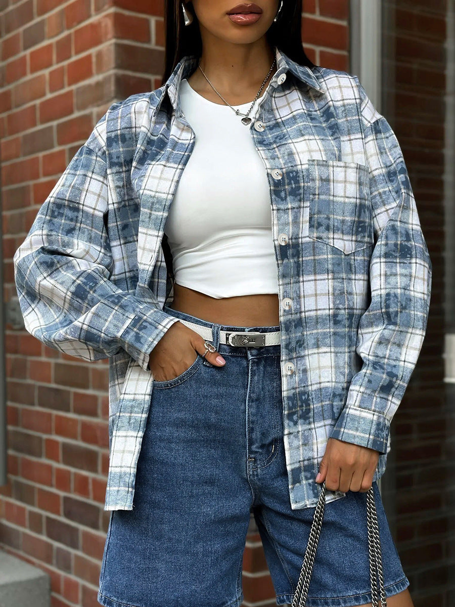 Retro washed distressed plaid shirt for women autumn and winter polyester-cotton shirt street style women's clothing