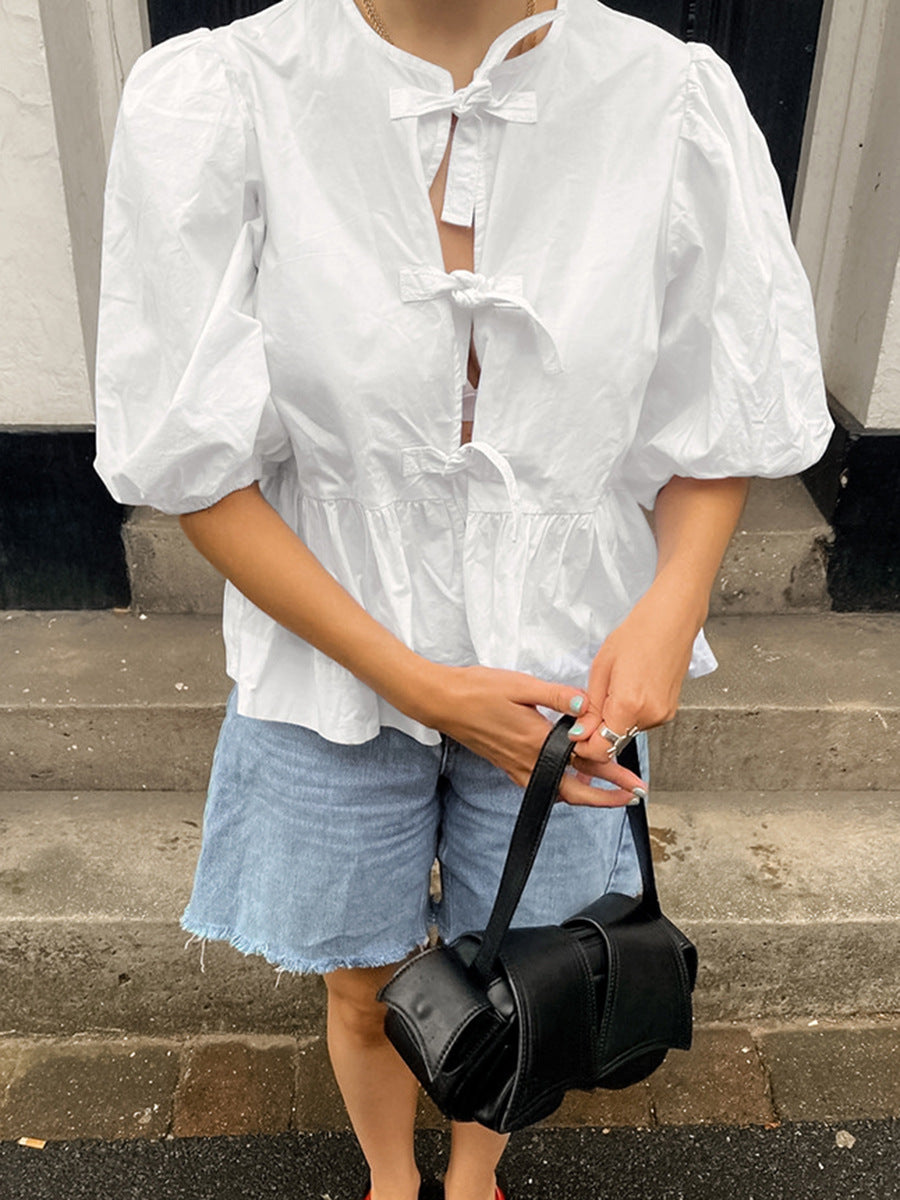 Round Neck Puff Sleeve Shirt Women Summer New Cotton Half Sleeve Lace-up Shirt Loose Cardigan Women's Clothing