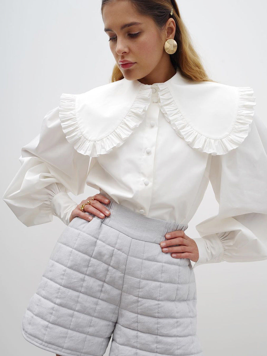 Fashionable sweet white doll collar shirt design loose ladies pure cotton cardigan long-sleeved top