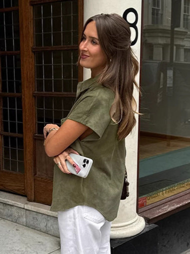 Spring and summer casual loose lapel short-sleeved shirt fashionable green mid-length tops for women