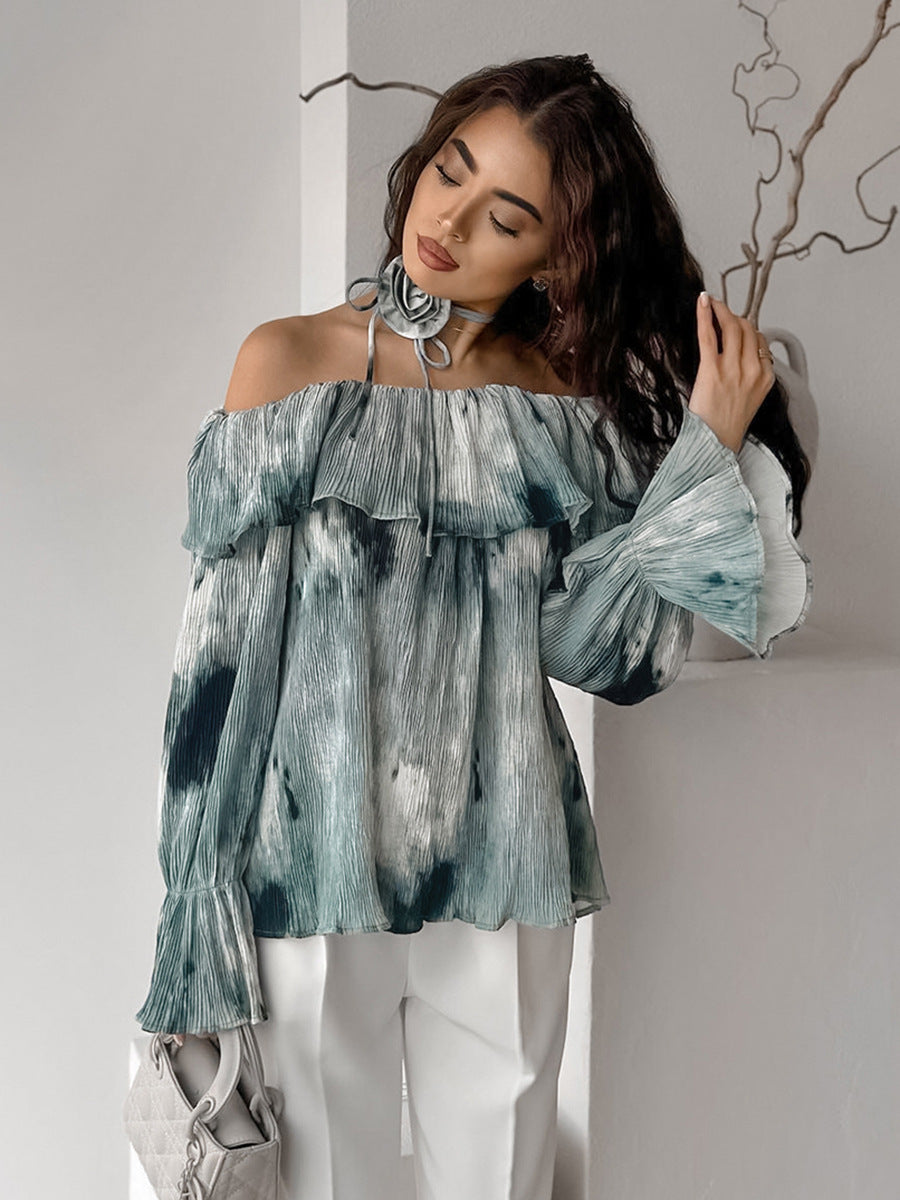 Ink-splashed Chinese style ruffled tops for spring, high-end printing and dyeing, one-shoulder flared sleeve pullover shirt for women