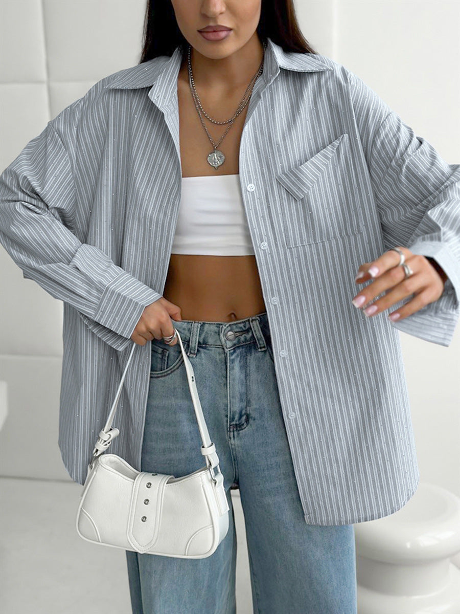 Fashion hot diamond striped shirt spring commuting cotton mid-length outerwear women's shirt design women's clothing