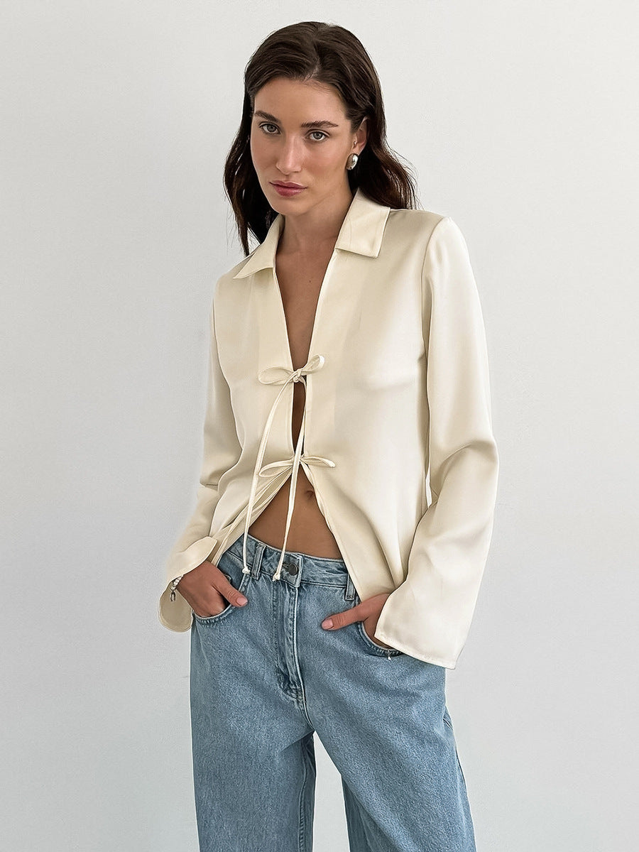 Faux Acetate Satin Lace-Up Shirt Autumn Fashion Loose Apricot Shirt Tops Women's Clothing