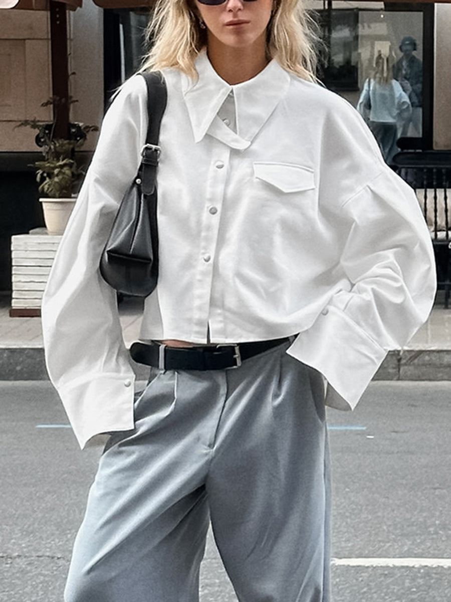 Commuter design white lapel shirt for women autumn fashion outerwear loose cotton tops professional women's clothing