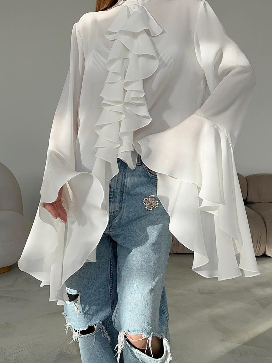 Fashion white loose ruffled shirt female summer palace style lace trumpet sleeve chiffon shirt women's clothing