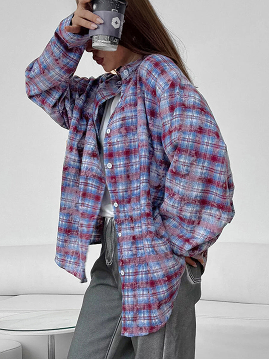 Distressed college style plaid shirt for women spring pure cotton contrast color casual shirt for women