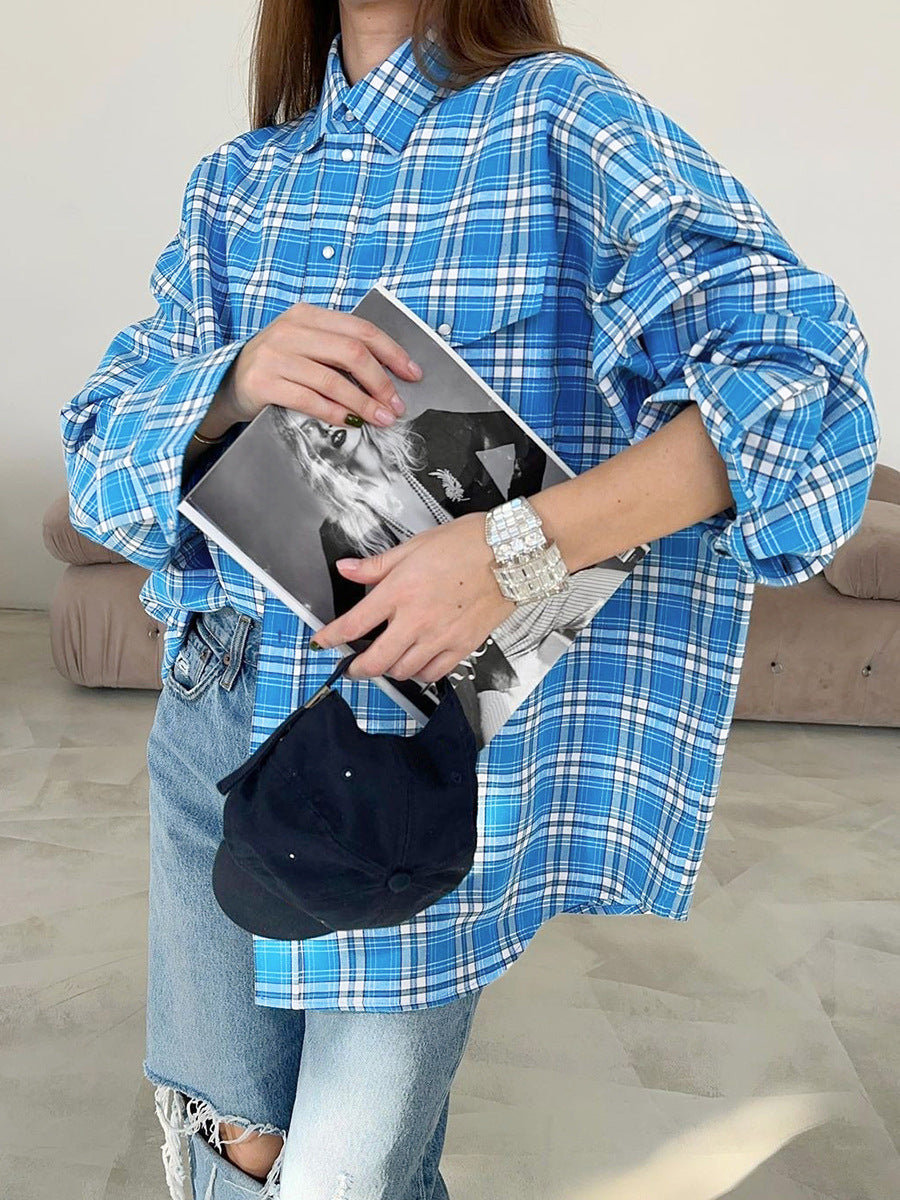 Blue plaid shirt women's design loose shirt autumn new women's clothing