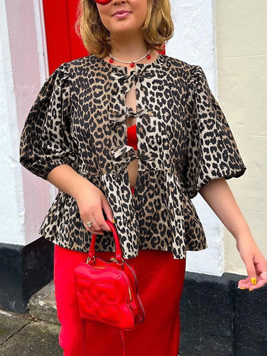 Fashion Leopard Puff Sleeve Shirt Autumn Design Loose Lace-up Shirt Women's Clothing