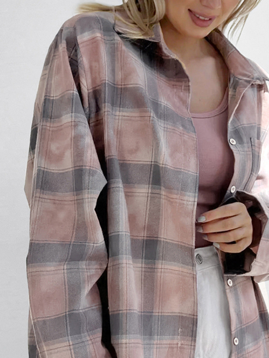 Fashionable old plaid shirt autumn new lazy style medium and long outer wear pure cotton plaid shirt