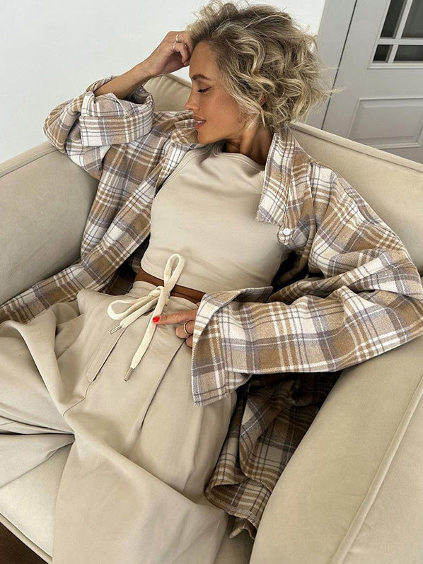 Maillard style woolen lapel plaid shirt spring and summer fashion new style