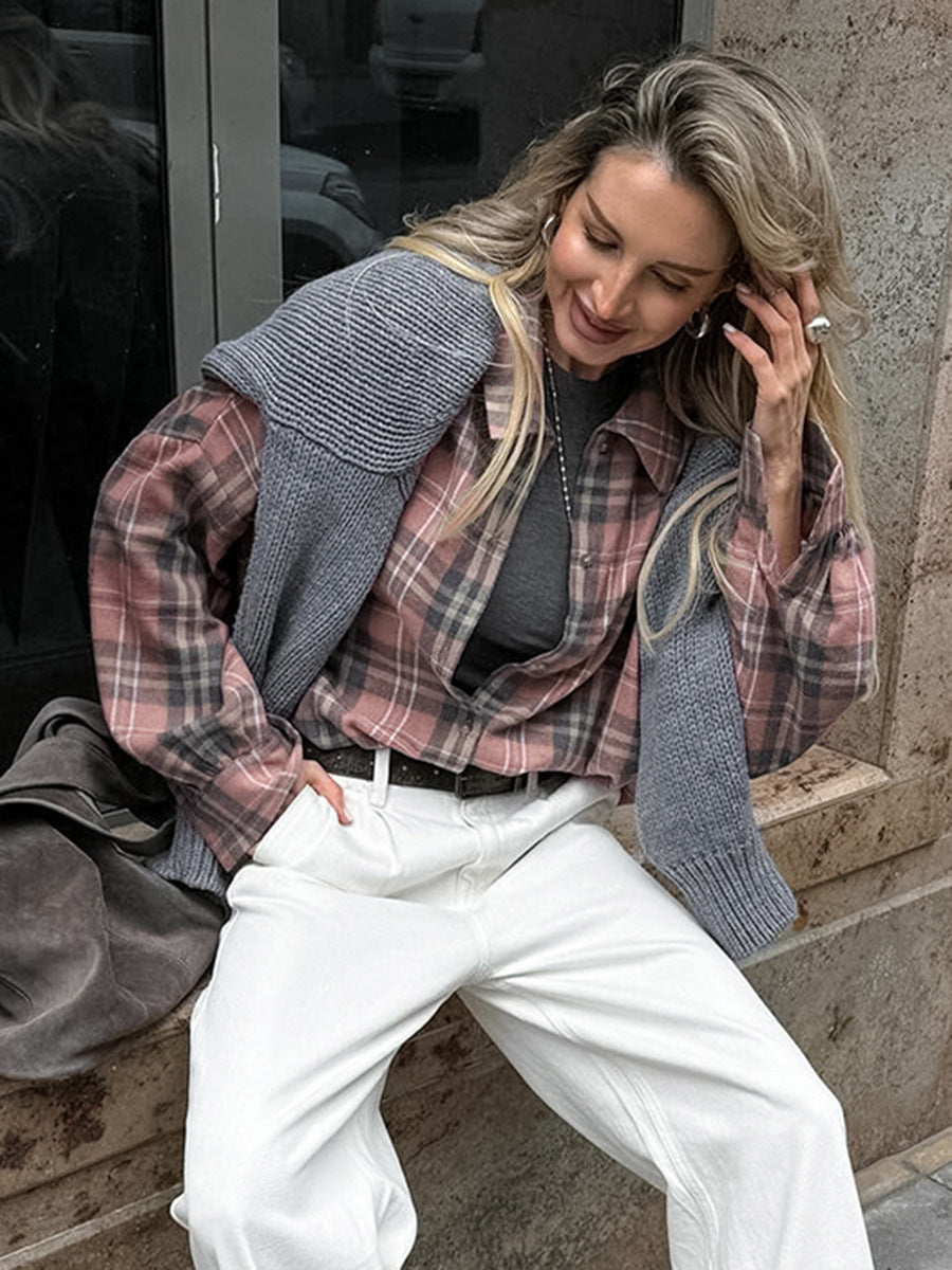 College style pink plaid shirt autumn fashion outerwear cotton women's shirt mid-length women's clothing