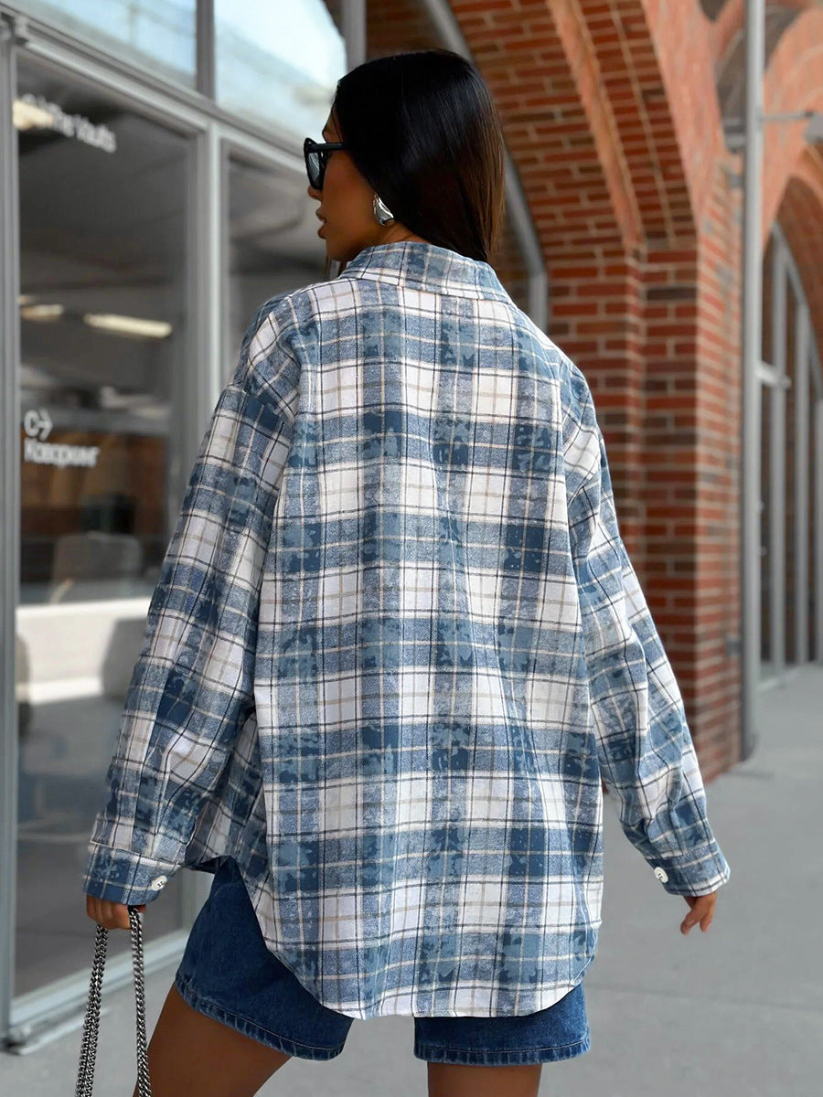 Retro washed distressed plaid shirt for women autumn and winter polyester-cotton shirt street style women's clothing