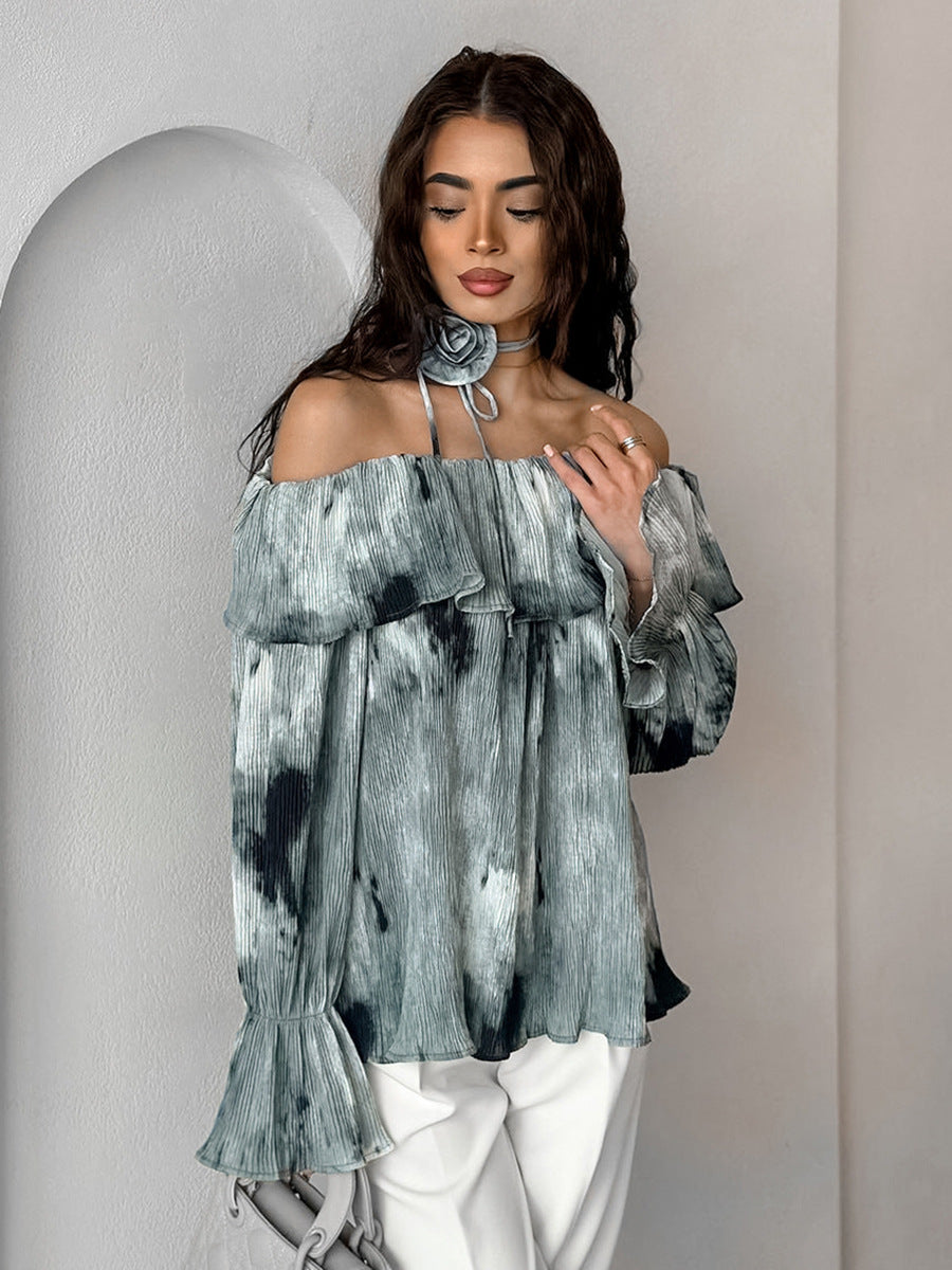 Ink-splashed Chinese style ruffled tops for spring, high-end printing and dyeing, one-shoulder flared sleeve pullover shirt for women