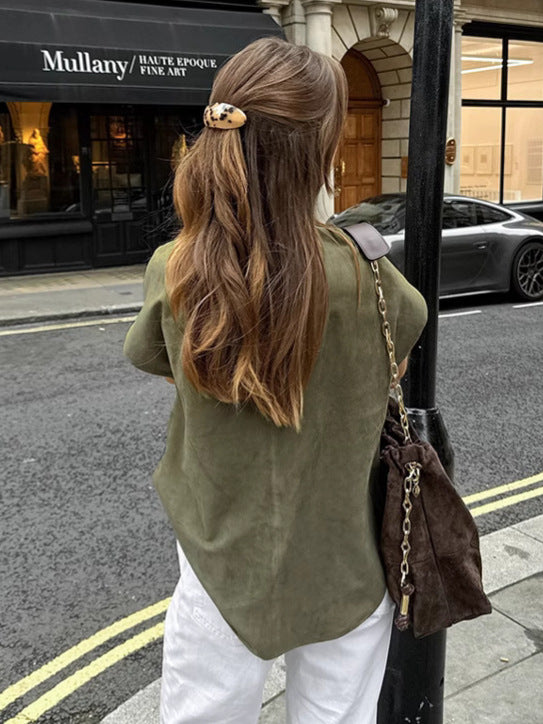 Spring and summer casual loose lapel short-sleeved shirt fashionable green mid-length tops for women