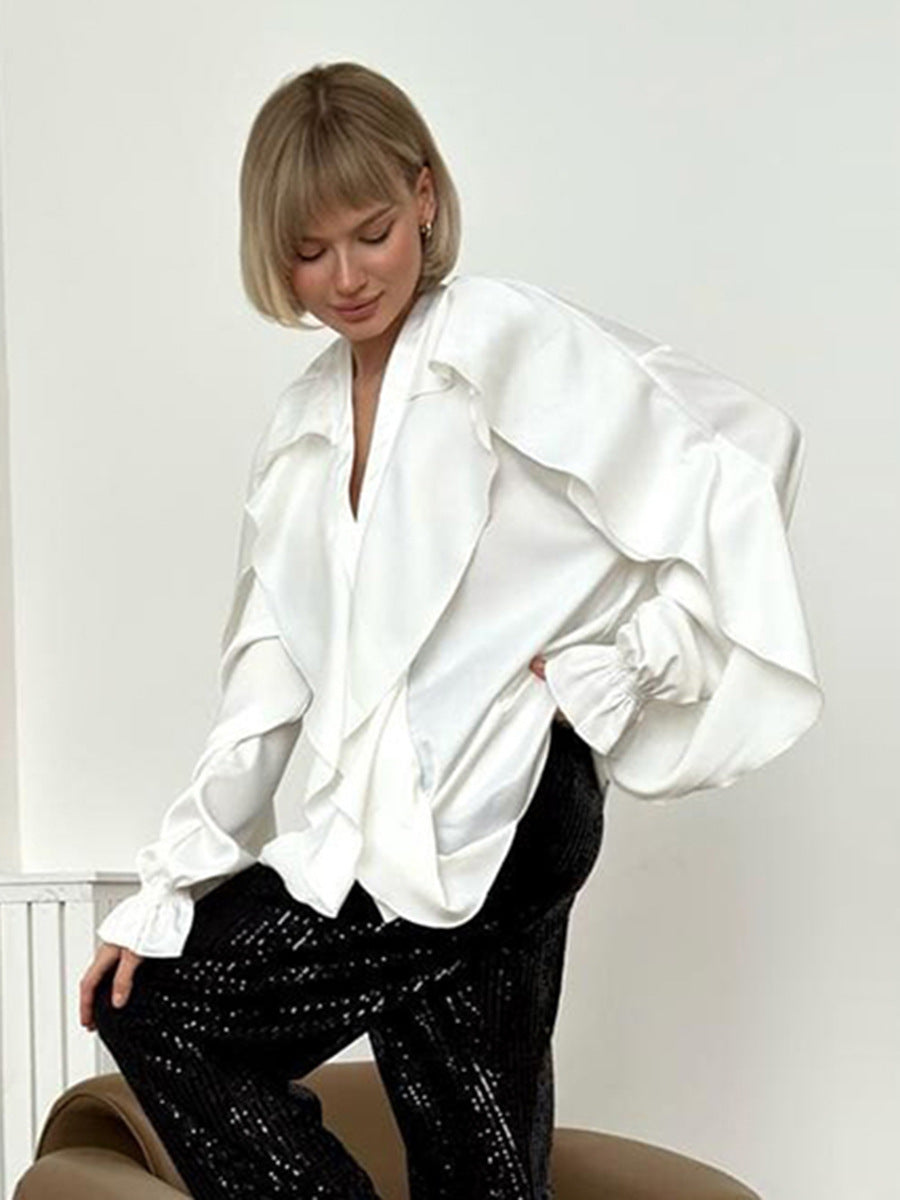 Temperament V-neck puff sleeve shirt for women autumn design splicing satin ruffled top for women