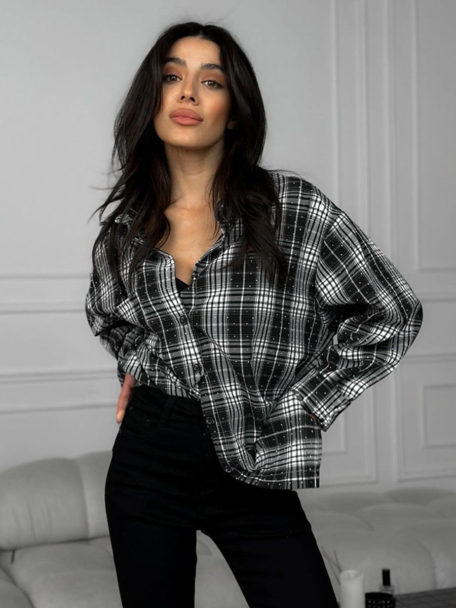 Hot diamond loose plaid shirt women's retro black and white plaid shirt spring street style women's clothing