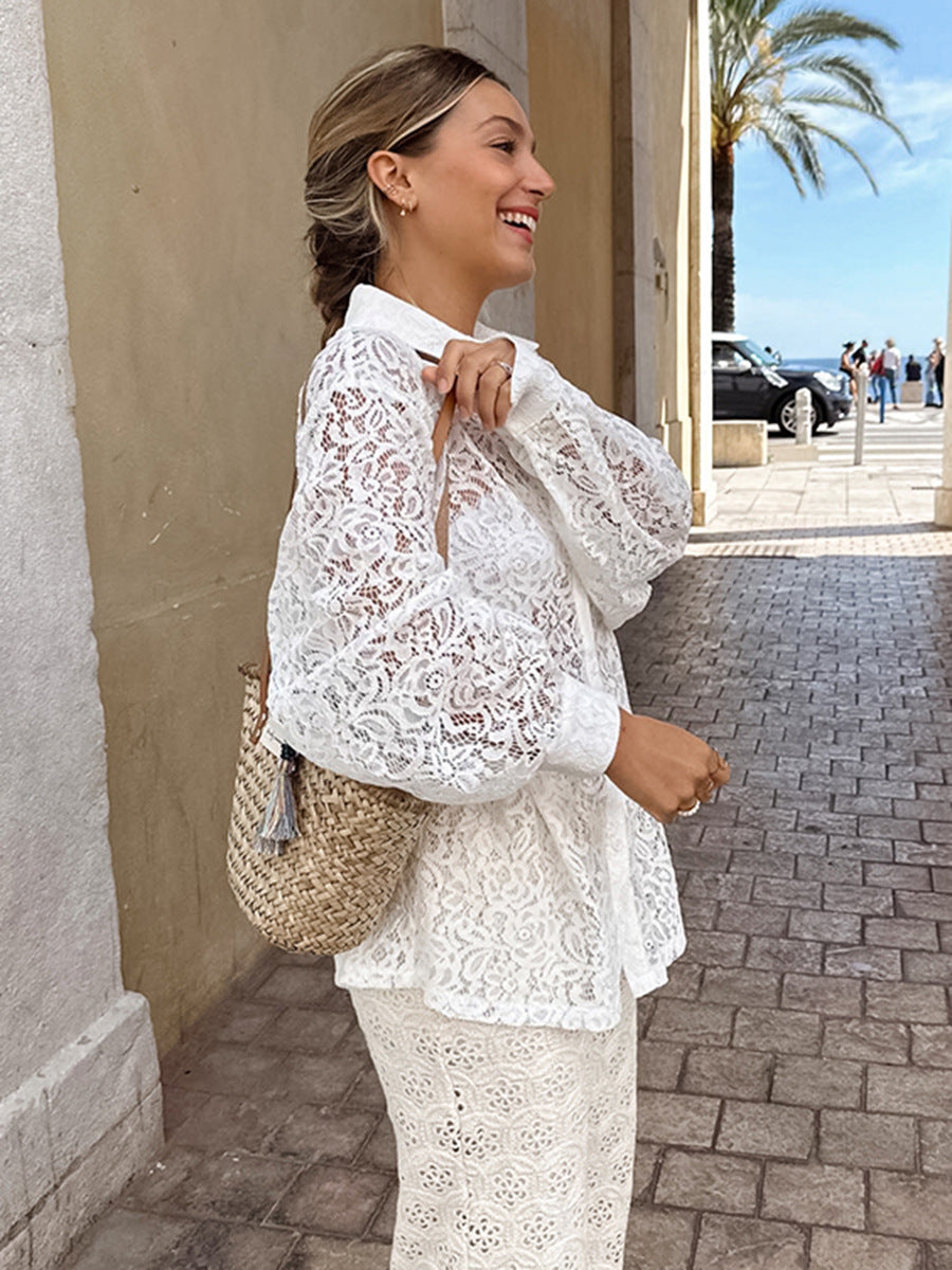 White hollow collar shirt mid-length loose outer layer long-sleeved shirt autumn women's clothing