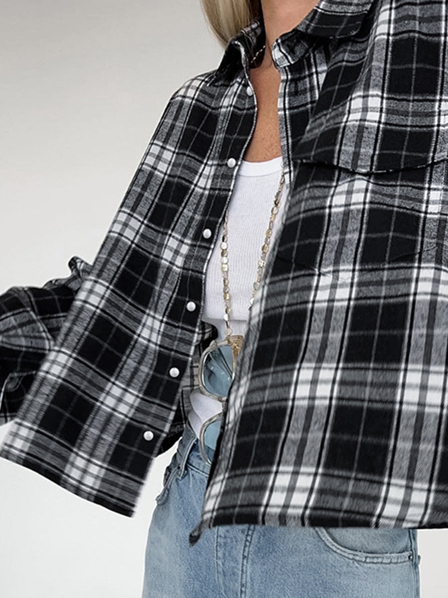 Classic black and white plaid shirt autumn new European and American loose casual outerwear women's shirt women's clothing