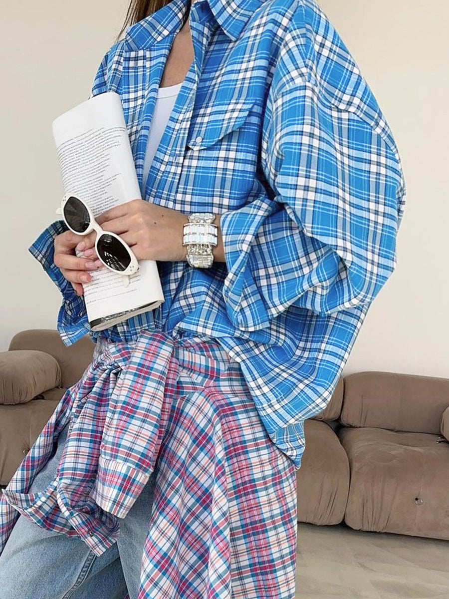 Blue plaid shirt women's design loose shirt autumn new women's clothing