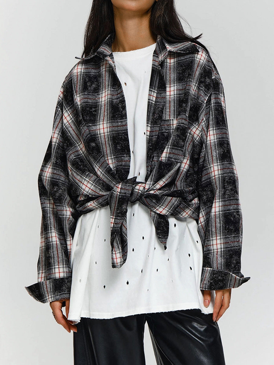 Fashion retro black distressed plaid shirt women's design pure cotton shirt autumn women's clothing