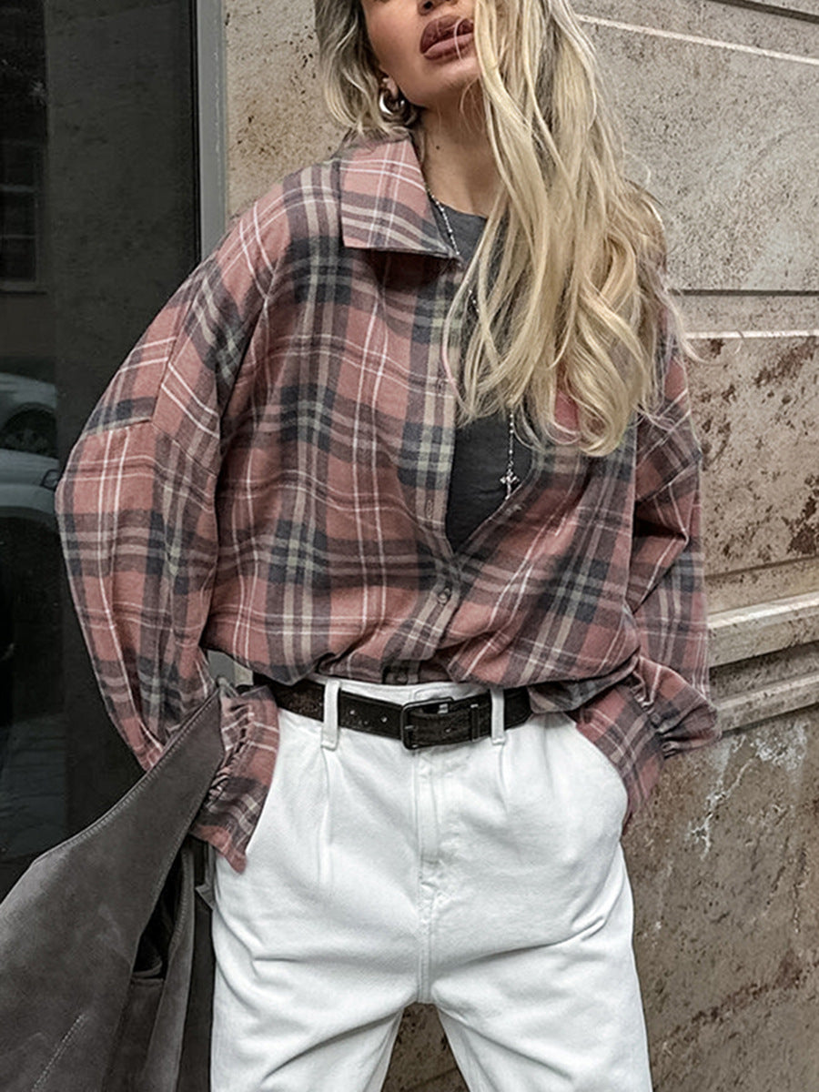 College style pink plaid shirt autumn fashion outerwear cotton women's shirt mid-length women's clothing