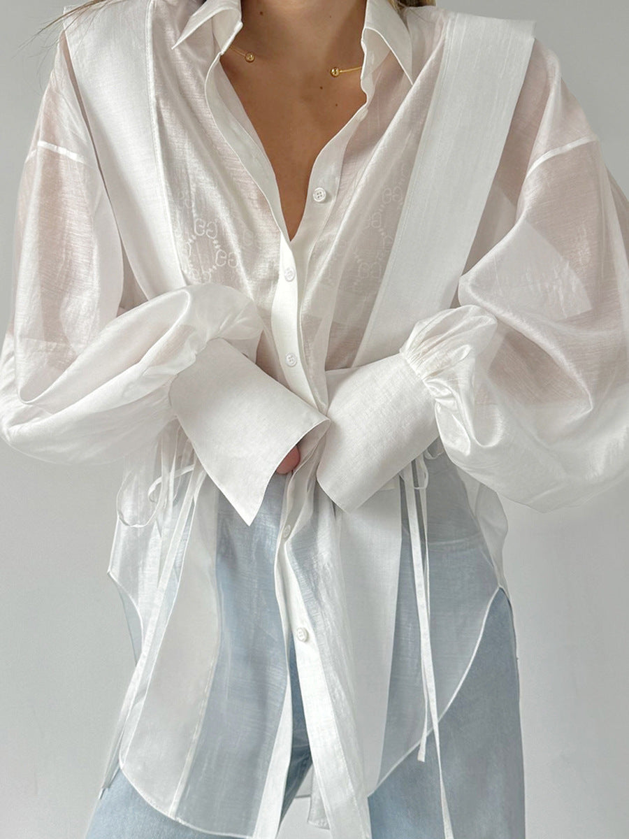 Design sense perspective Tencel shirt women's autumn niche outer wear loose white shirt long-sleeved top